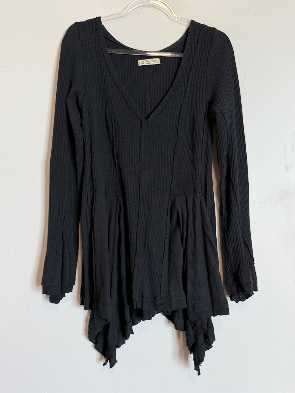 Free People Black Primrose Thermal V-Neck Long Sleeve Top Boho Cotton Blend Top